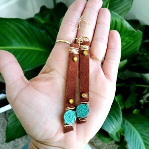 Boho Leather Dangle Earrings, Statement Bohemian Turquoise, 4.5" Long Dangles